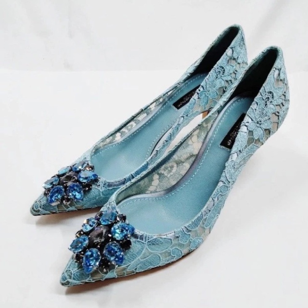 Dolce & Gabbana Blue Lace Heels with Gem Accents